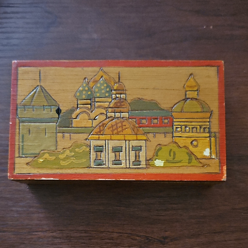 Handcrafted Wooden Box with Cityscape Art